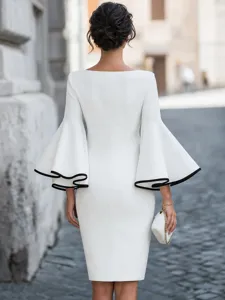 Detailed view of elegant contrast bell sleeve bodycon midi dress in white and black.