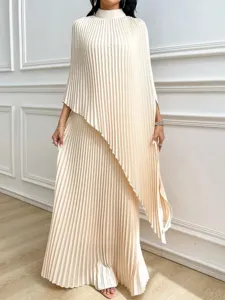 Elegant cream pleated asymmetrical maxi dress detail, featuring chic layered cape.