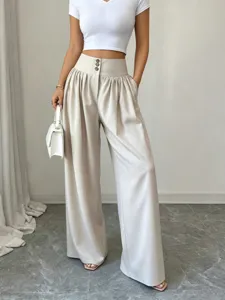 High waist three button wide leg casual trousers drape loose fit summer fashion women pants