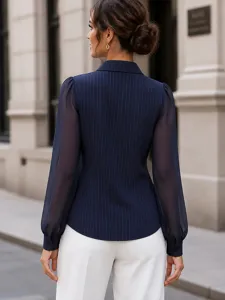 Women's elegant striped mesh patchwork long-sleeve commuter blouse, stylish casual work shirt.