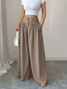 High waist three button wide leg trousers for women casual loose draped long pants summer