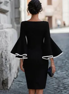 Elegant black bodycon midi dress featuring stunning contrast white edge bell sleeves.