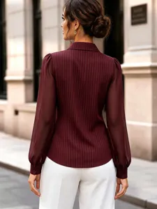 Elegant women's long sleeve striped mesh patchwork blouse with lapel collar for commuting.