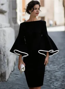 Elegant black dress featuring white trim bell sleeves and slim fit design for daily wear.
