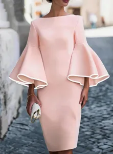 Chic contrast trim bell sleeve bodycon dress detail, elegant slim fit party wear design.