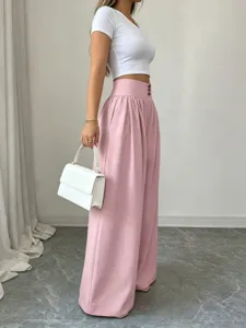 Summer high waist three button wide leg draped casual trousers in elegant pink color.