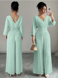 Elegant mint green V-neck pleated wide-leg jumpsuit for women, perfect for stylish daily wear.