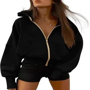 Women black cropped zip-up hoodie detail view, casual fleece sweatshirt style showcase.