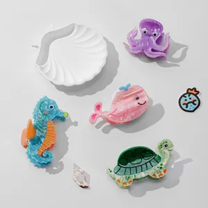 Süße Ozean-Tier Acetat Haarklammern Set, mit Seepferdchen, Schildkröte und Wal Motiven.
