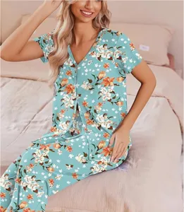 Women floral print short sleeve pajama set comfortable sleepwear top and long pants for women