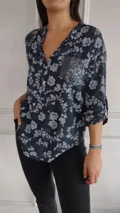 Women casual long sleeve floral print shirt with sequin pocket spring fashion top