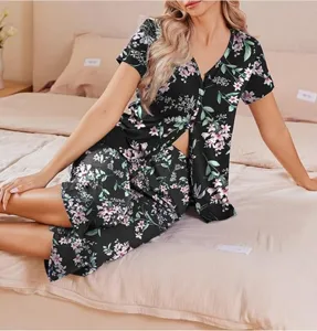 Women floral pajama set short sleeve top and cropped pants sleepwear for women comfortable nightwear