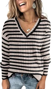 Detailed view of the stylish striped V-neck knit sweater featuring long sleeves and cozy cotton.