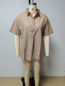 Women casual solid color loose lapel short sleeve shirt summer apparel detail view.
