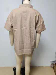 Summer new women loose comfortable lapel short sleeve solid color shirt casual top back view