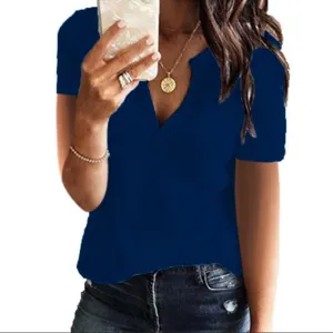 Detailed close-up view of women's dark blue ribbed V-neck short sleeve casual top.