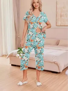 Women Pajama Set Short Sleeve V-Neck Cardigan Top And Capri Pants Floral Printed Casual Sleepwear Loungewear