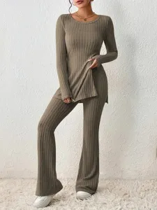 Detailed view of women's ribbed knit long sleeve top and flare pants set in solid khaki.