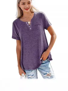 Casual women's short sleeve V-neck t-shirt with pocket loose fit summer casual basic top