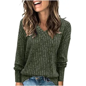 Pull femme manches longues col V en tricot côtelé coupe slim haut automne hiver élégant