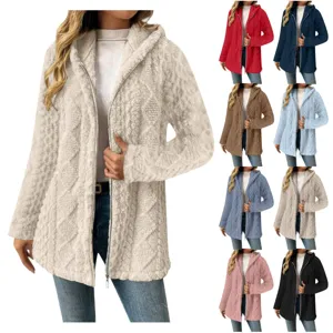 Damen langer Fleece Kapuzenmantel Cardigan mit Reissverschluss und Taschen, Winterbekleidung.