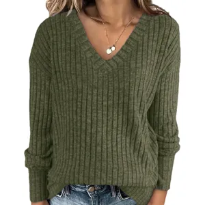Haut Tricoté Côtes Manches Longues Col V Femme Casual Slim Fit Automne Hiver Pull Solide