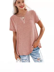 Casual summer V-neck short sleeve pocket t-shirt for women, loose fit everyday casual top.