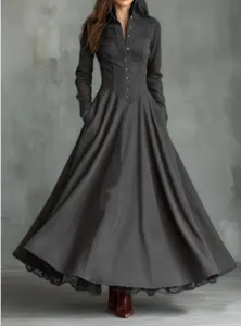 French vintage faux suede maxi dress with lace trim, long sleeves and button front design.