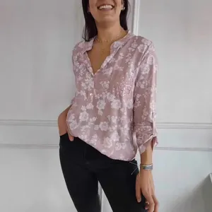 Women casual long sleeve floral blouse with sequin pocket spring fashion shirt top main view
