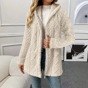 Damen langer Plüsch Kapuzen Cardigan Mantel kuschelig Fleece Reißverschluss Winter Oberbekleidung