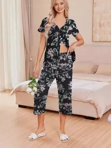 Women short sleeve floral pajama set with capri pants comfy sleepwear for women spring season