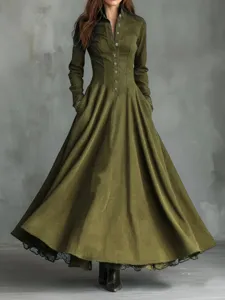 Vintage French faux suede long sleeve maxi dress with lace trim, elegant button-down style.