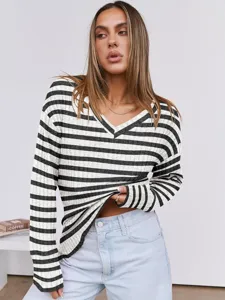 Detailed view of the striped V-neck long sleeve knit sweater showing texture and fit design.