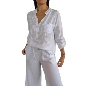Women casual long sleeve floral print button down shirt with sequin pocket and pants set