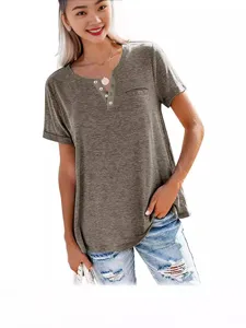 Women's V Neck Short Sleeve Button Down Henley T-Shirt Casual Loose Pocket Tee Top Summer