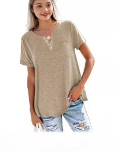 Women casual short sleeve V-neck henley t-shirt with pocket, solid color loose summer top.