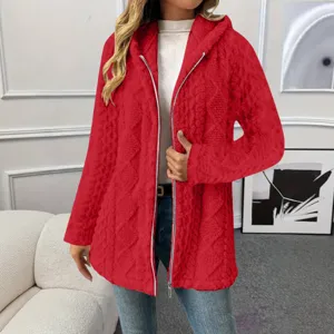 Damen lange Fleece Kapuzenjacke Winter warme Reißverschluss Strickjacke rote Freizeitkleidung