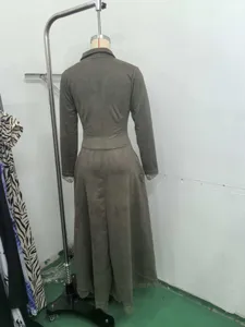 Vintage faux suede long shirt dress with lace trim, elegant French style Maxi dress detail.