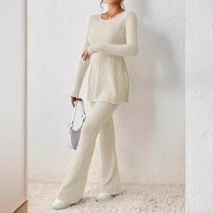 Women's Casual Ribbed Knit Two Piece Set Solid Color Round Neck Long Sleeve Top And High Waist Flare Pants Lounge Wear