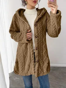 Women brown fleece hooded cardigan jacket with cable knit texture, cozy long sleeve outerwear.