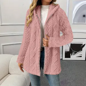 Damen lange flauschige Fleecejacke mit Kapuze, durchgehendem Reißverschluss und warmem Stoff.