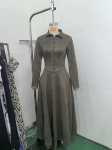 French vintage faux suede long sleeve shirt dress with delicate lace trim for daily wear.