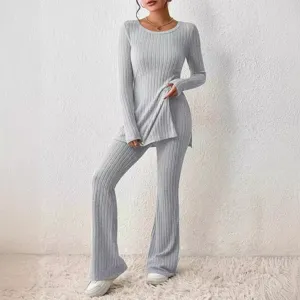 Grey ribbed knit long sleeve top and flared pants set for women autumn casual wear outfit