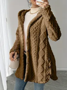 Detail view of the brown fleece hooded cardigan jacket, showing soft texture and fit.