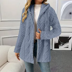 Detailansicht Damen langer Fleece Kapuzen Cardigan mit Reißverschluss, kuschelige Jacke.