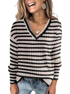 Women's Black and White Striped V-Neck Long Sleeve Knit Pullover Casual Sweater Top