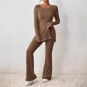 Women solid color ribbed long sleeve top and flare pants casual knit two piece set