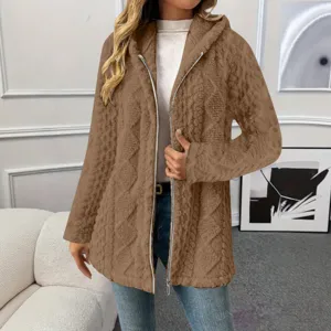 Damen Langer Fleece Kapuzenjacke Winter Warmer Reissverschluss Cardigan Mantel Top