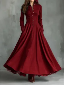 Vintage style long sleeve maxi dress with lace trim and button front burgundy.