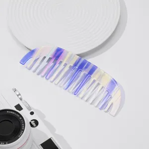 Korean minimalist iridescent wide tooth hair comb, elegant purple gold gradient styling comb.